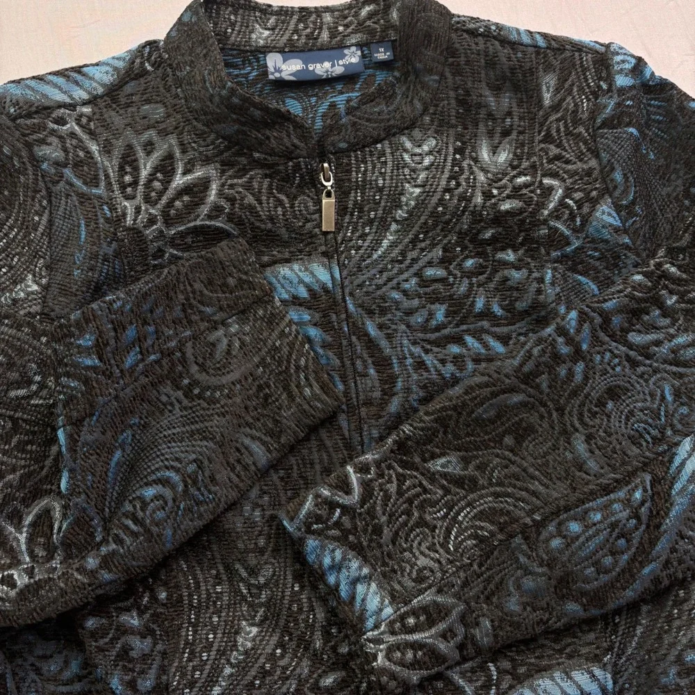 Susan Graver Style‎ Blue Black Paisley Jacquard Zip Jacket Womens 1X Mock Neck